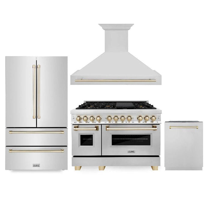 ZLINE 48" Autograph Edition Kitchen Package with Stainless Steel Dual Fuel Range, Range Hood, Dishwasher and Refrigeration with Polished Gold Accents