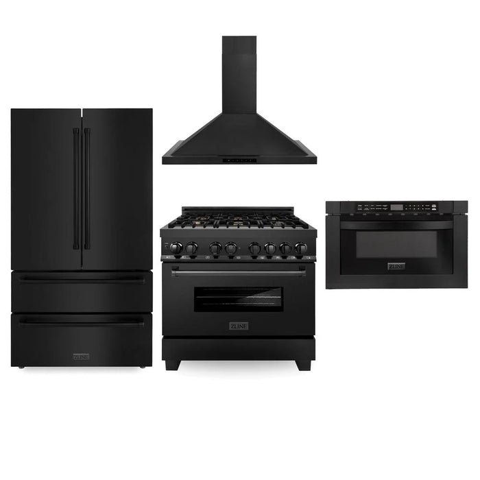 ZLINE Kitchen Package with Black Stainless Steel Refrigeration, 36" Dual Fuel Range and Microwave Drawer
