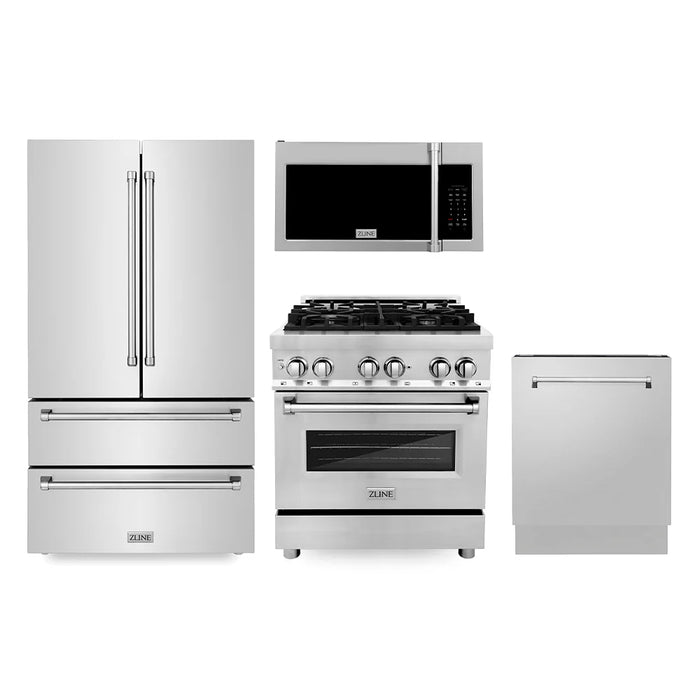 ZLINE Kitchen Package with Refrigeration, 30" Stainless Steel Dual Fuel Range, 30" Traditional Over The Range Microwave and 24" Tall Tub Dishwasher