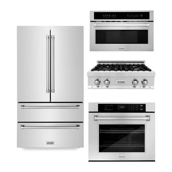 ZLINE Kitchen Package with Refrigeration, 30" Stainless Steel Rangetop, 30" Single Wall Oven, 30" Microwave Oven
