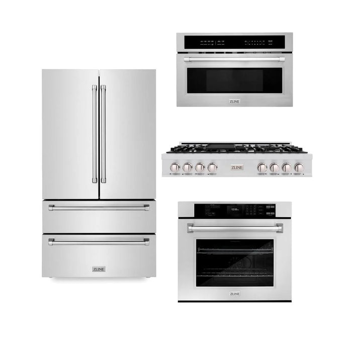ZLINE Kitchen Package with Refrigeration, 48" Stainless Steel Rangetop, 30" Single Wall Oven, 30" Microwave Oven
