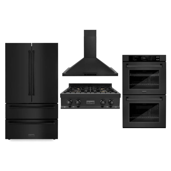 ZLINE Kitchen Package with Black Stainless Steel Refrigeration, 30" Rangetop, 30" Range Hood and 30" Single Wall Oven