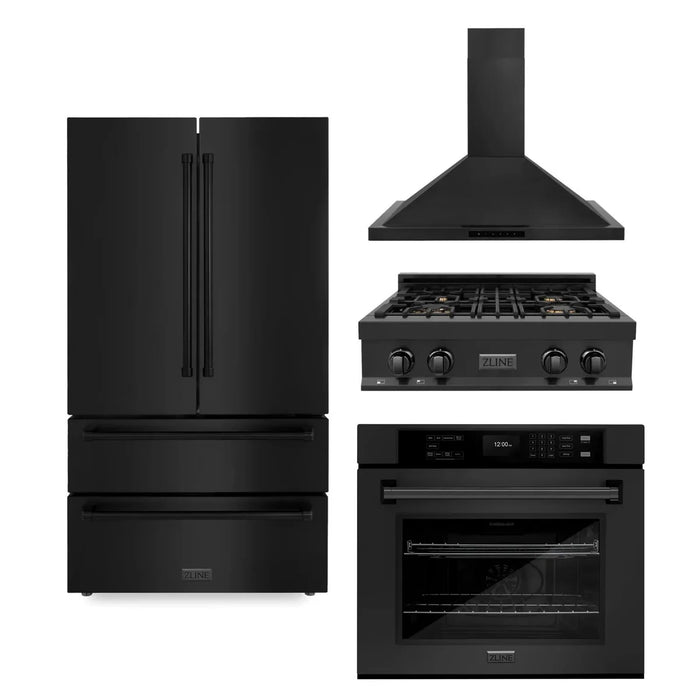 ZLINE Kitchen Package with Black Stainless Steel Refrigeration, 30" Rangetop, 30" Range Hood and 30" Single Wall Oven