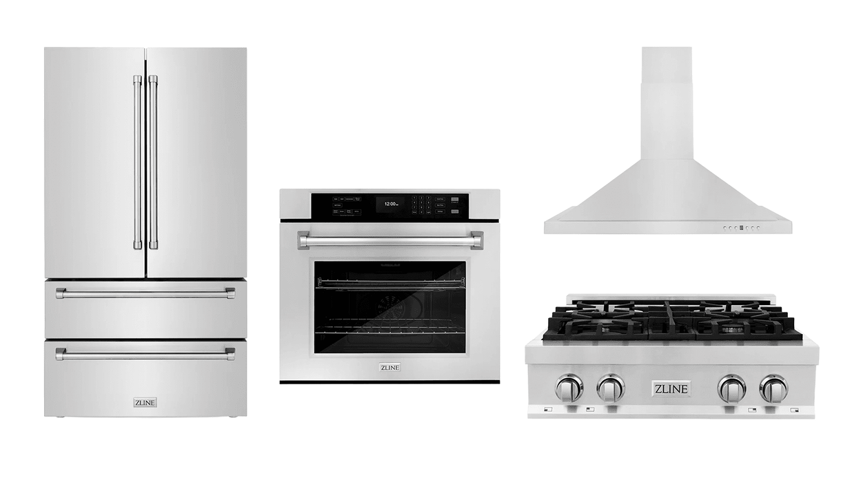 ZLINE Kitchen Package with Stainless Steel Refrigeration, 30" Rangetop, 30" Range Hood and 30" Single Wall Oven