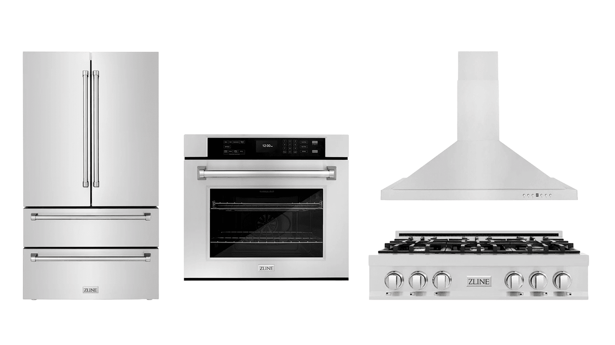 ZLINE Kitchen Package with Stainless Steel Refrigeration, 36" Rangetop, 36" Range Hood and 30" Single Wall Oven