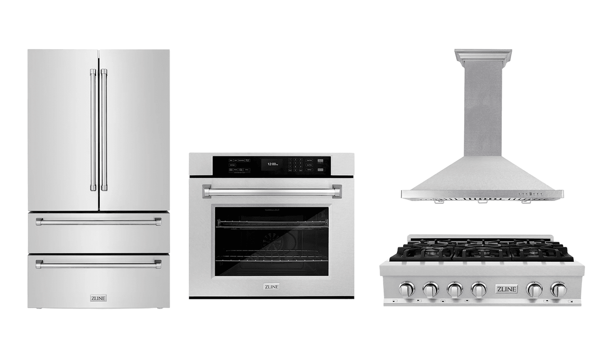 ZLINE Kitchen Package with Satin Stainless Steel Refrigeration, 36" Rangetop, 36" Range Hood and 30" Single Wall Oven