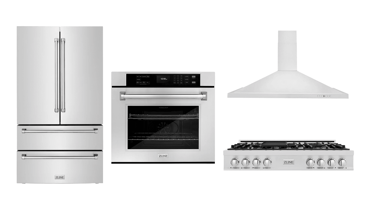 ZLINE Kitchen Package with Stainless Steel Refrigeration, 48" Rangetop, 48" Range Hood and 30" Single Wall Oven