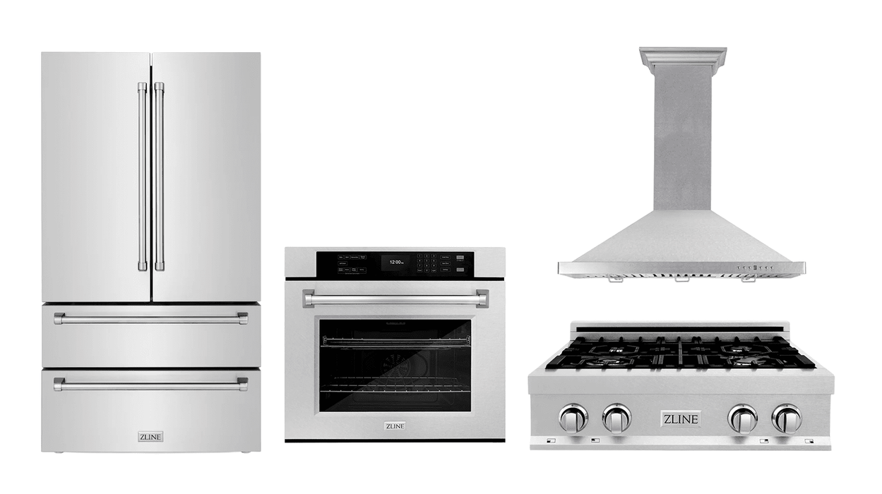 ZLINE Kitchen Package with Satin Stainless Steel Refrigeration, 30" Rangetop, 30" Range Hood and 30" Single Wall Oven