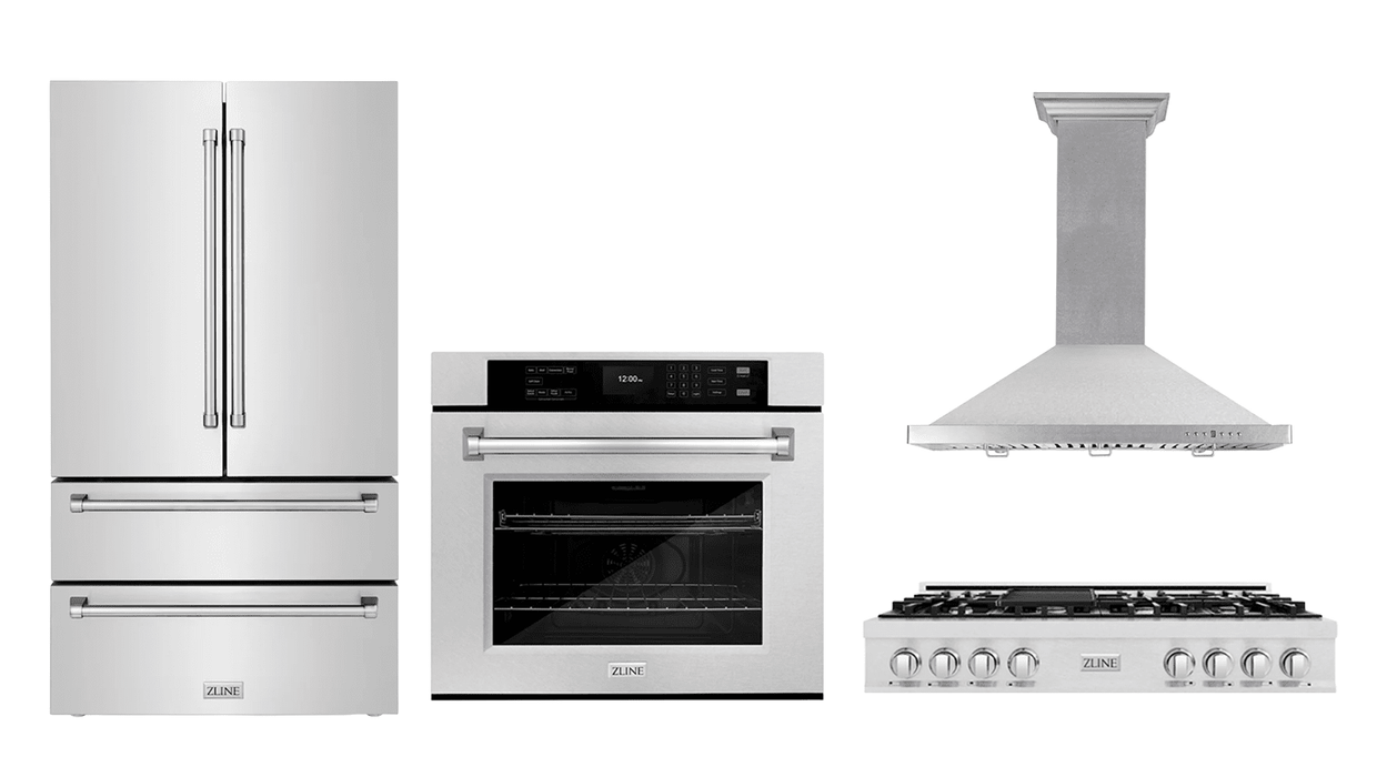 ZLINE Kitchen Package with Satin Stainless Steel Refrigeration, 48" Rangetop, 48" Range Hood and 30" Single Wall Oven