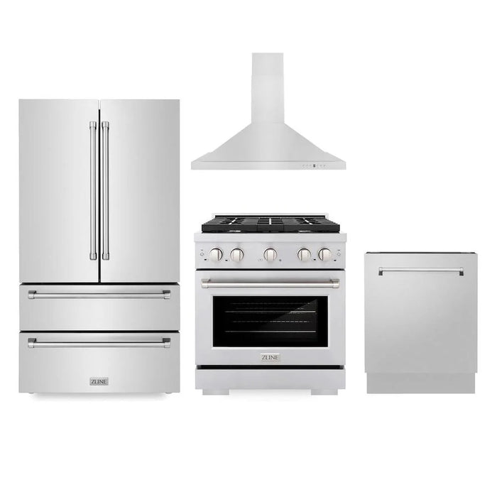 ZLINE Kitchen Package with Refrigeration, 30" Stainless Steel Gas Range, 30" Convertible Vent Range Hood and 24" Tall Tub Dishwasher