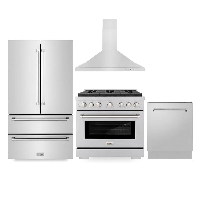 ZLINE Kitchen Package with Refrigeration, 36" Stainless Steel Gas Range, 36" Convertible Vent Range Hood and 24" Tall Tub Dishwasher