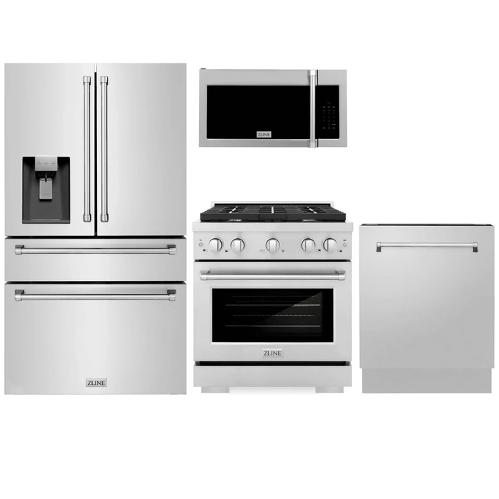 ZLINE Kitchen Package with Refrigeration, 30" Stainless Steel Gas Range, 30" Traditional Over The Range Microwave and 24" Tall Tub Dishwasher