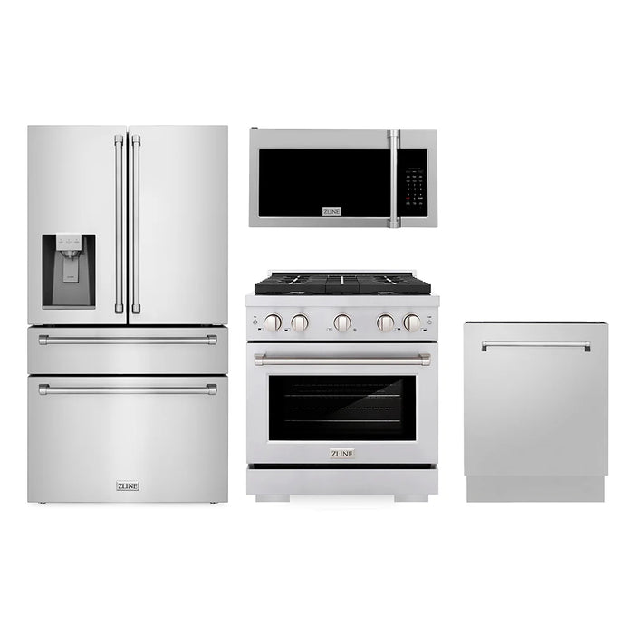 ZLINE Kitchen Package with Water and Ice Dispenser Refrigerator, 30" Gas Range, 30" Over the Range Microwave and 24" Tall Tub Dishwasher