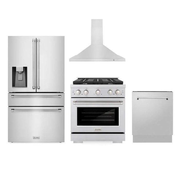ZLINE Kitchen Package with Water and Ice Dispenser Refrigerator, 30" Gas Range, 30" Range Hood, and 24" Tall Tub Dishwasher