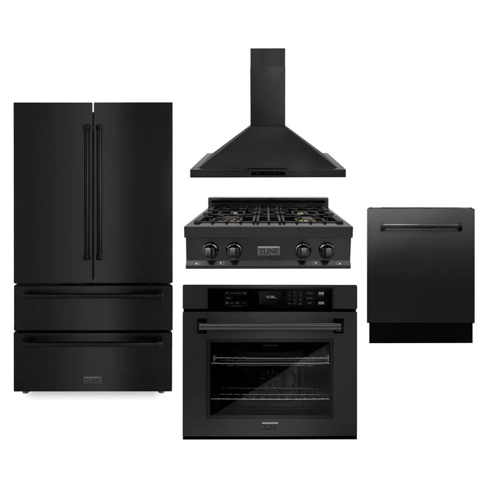 ZLINE Kitchen Package with Black Stainless Steel Refrigeration, 30" Rangetop, 30" Range Hood, 30" Single Wall Oven, and 24" Tall Tub Dishwasher