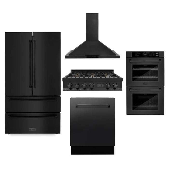 ZLINE Kitchen Package with Black Stainless Steel Refrigeration, 36" Rangetop, 36" Range Hood, 30" Double Wall Oven, and 24" Tall Tub Dishwasher