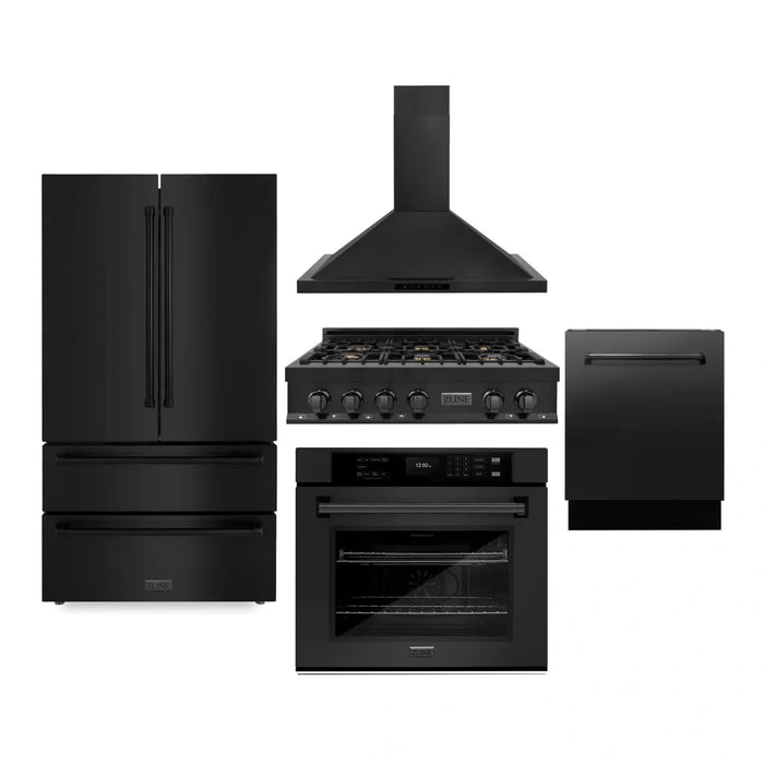 ZLINE Kitchen Package with Black Stainless Steel Refrigeration, 36" Rangetop, 36" Range Hood, 30" Single Wall Oven, and 24" Tall Tub Dishwasher