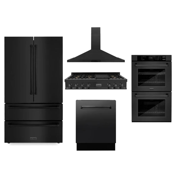 ZLINE Kitchen Package with Black Stainless Steel Refrigeration, 48" Rangetop, 48" Range Hood, 30" Double Wall Oven, and 24" Tall Tub Dishwasher
