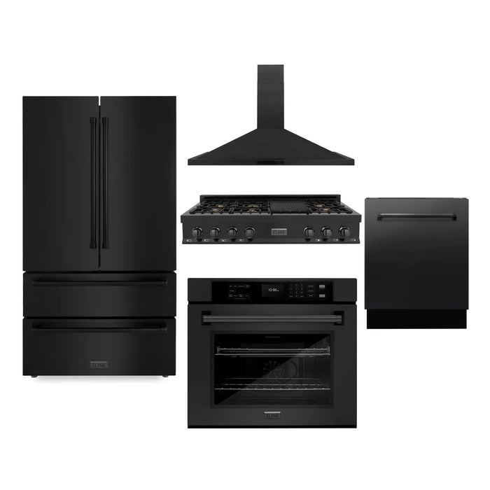ZLINE Kitchen Package with Black Stainless Steel Refrigeration, 48" Rangetop, 48" Range Hood, 30" Single Wall Oven, and 24" Tall Tub Dishwasher