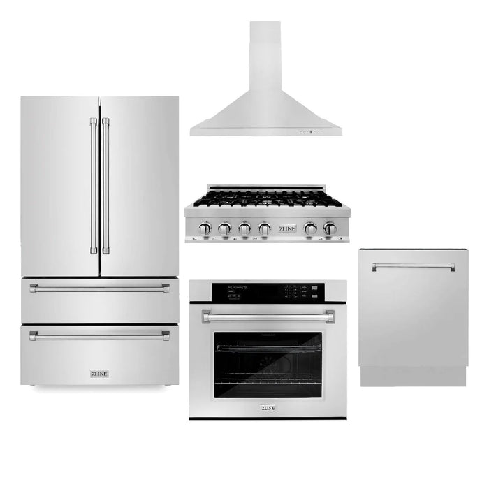 ZLINE Kitchen Package with Refrigeration, 30" Stainless Steel Rangetop, 30" Range Hood, 30" Single Wall Oven and 24" Tall Tub Dishwasher