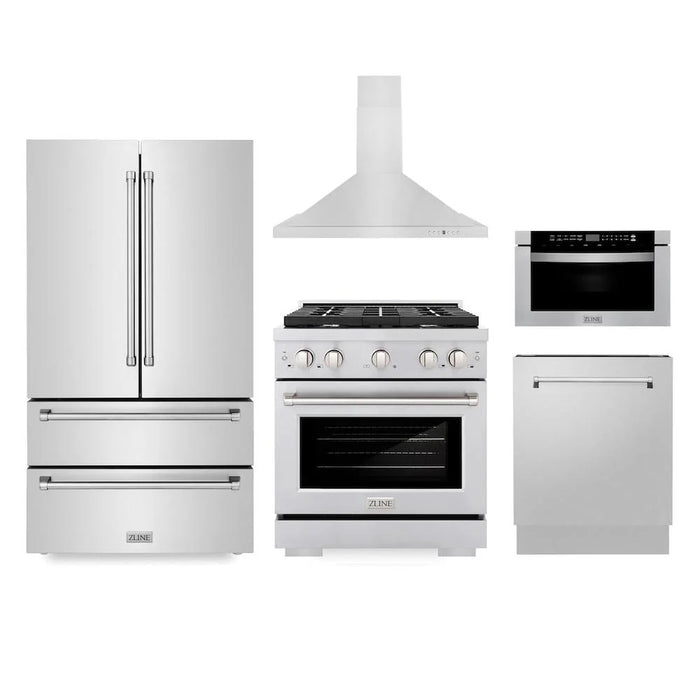 ZLINE Kitchen Package with Refrigeration, 30" Stainless Steel Gas Range, 30" Range Hood, Microwave Drawer, and 24" Tall Tub Dishwasher