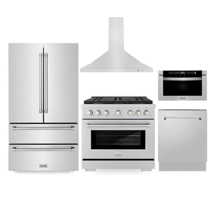ZLINE Kitchen Package with Refrigeration, 36" Stainless Steel Gas Range, 36" Range Hood, Microwave Drawer, and 24" Tall Tub Dishwasher