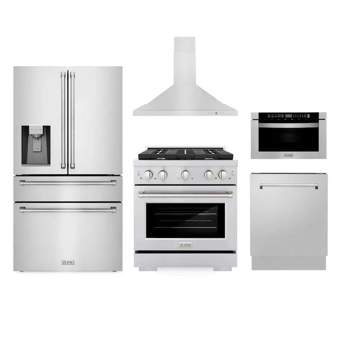 ZLINE Kitchen Package with Water and Ice Dispenser Refrigerator, 30" Gas Range, 30" Range Hood, Microwave Drawer, and 24" Tall Tub Dishwasher