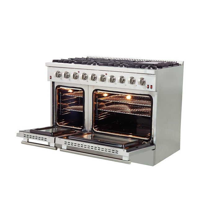 Forno 5-Piece Appliance Package - 48-Inch Gas Range, Refrigerator, Wall Mount Hood, Microwave Oven, & 3-Rack Dishwasher in Stainless Steel