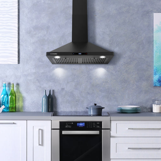 Cosmo 30 in. Vista Collection 380 CFM Ducted Wall Mount Range Hood, Touch Controls, LED Lights, Matte Black - COS-63175S-BK