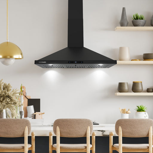 Cosmo 36 in. Vista Collection 380 CFM Ducted Wall Mount Range Hood, Touch Controls, LED Lights, Matte Black - COS-63190S-BK