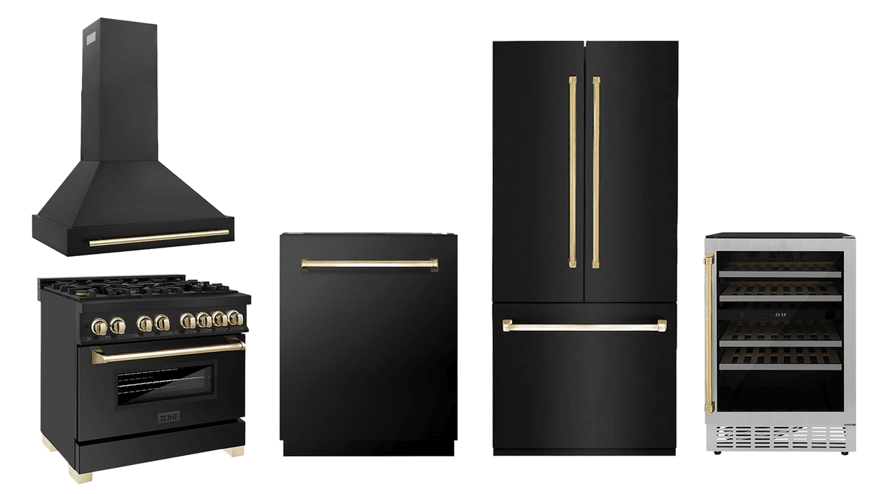ZLINE 36" Autograph Edition Kitchen Package with Black Stainless Steel Dual Fuel Range, Range Hood, Dishwasher, Refrigeration and Wine Cooler with Polished Gold Accents