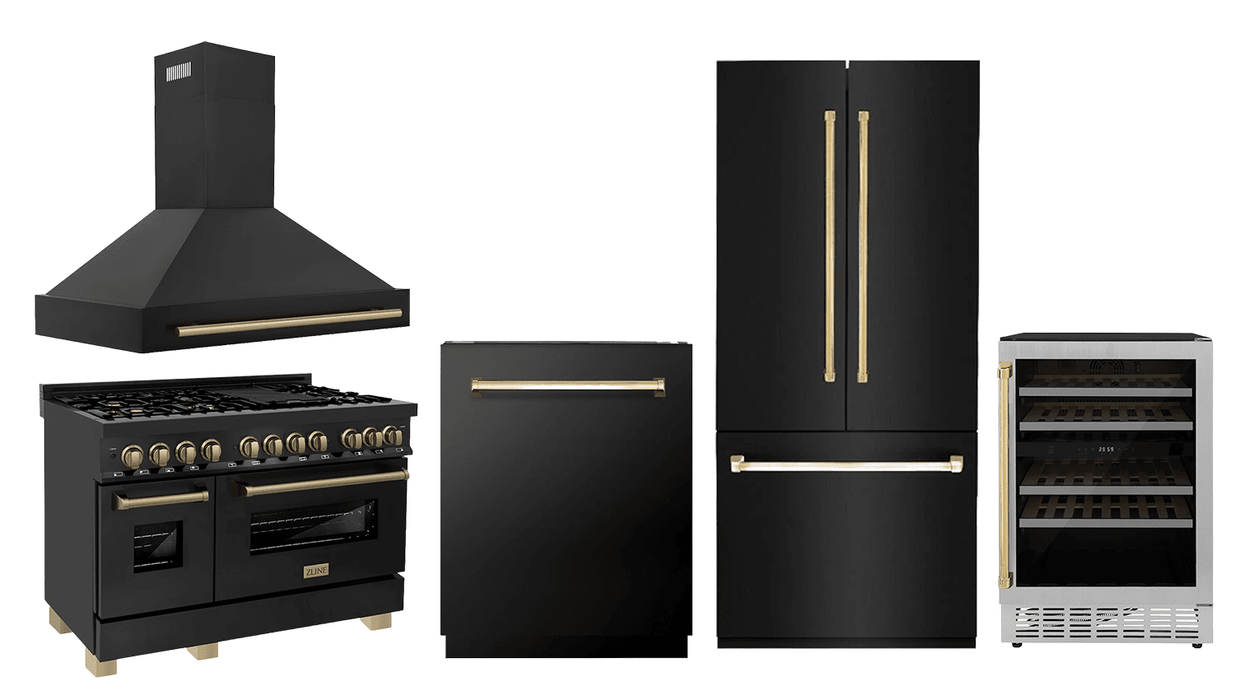 ZLINE 48" Autograph Edition Kitchen Package with Black Stainless Steel Dual Fuel Range, Range Hood, Dishwasher, Refrigeration and Wine Cooler with Champagne Bronze Accents