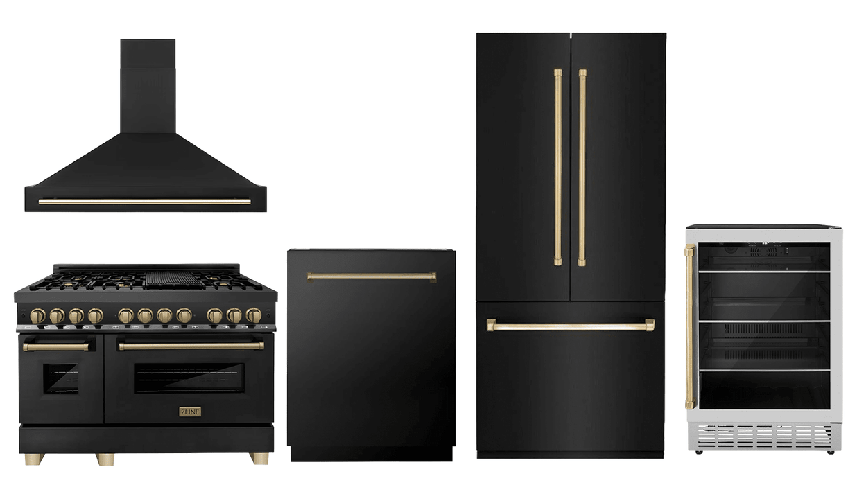 ZLINE 48" Autograph Edition Kitchen Package with Black Stainless Steel Dual Fuel Range, Range Hood, Dishwasher, Refrigeration and Beverage Fridge with Champagne Bronze Accents