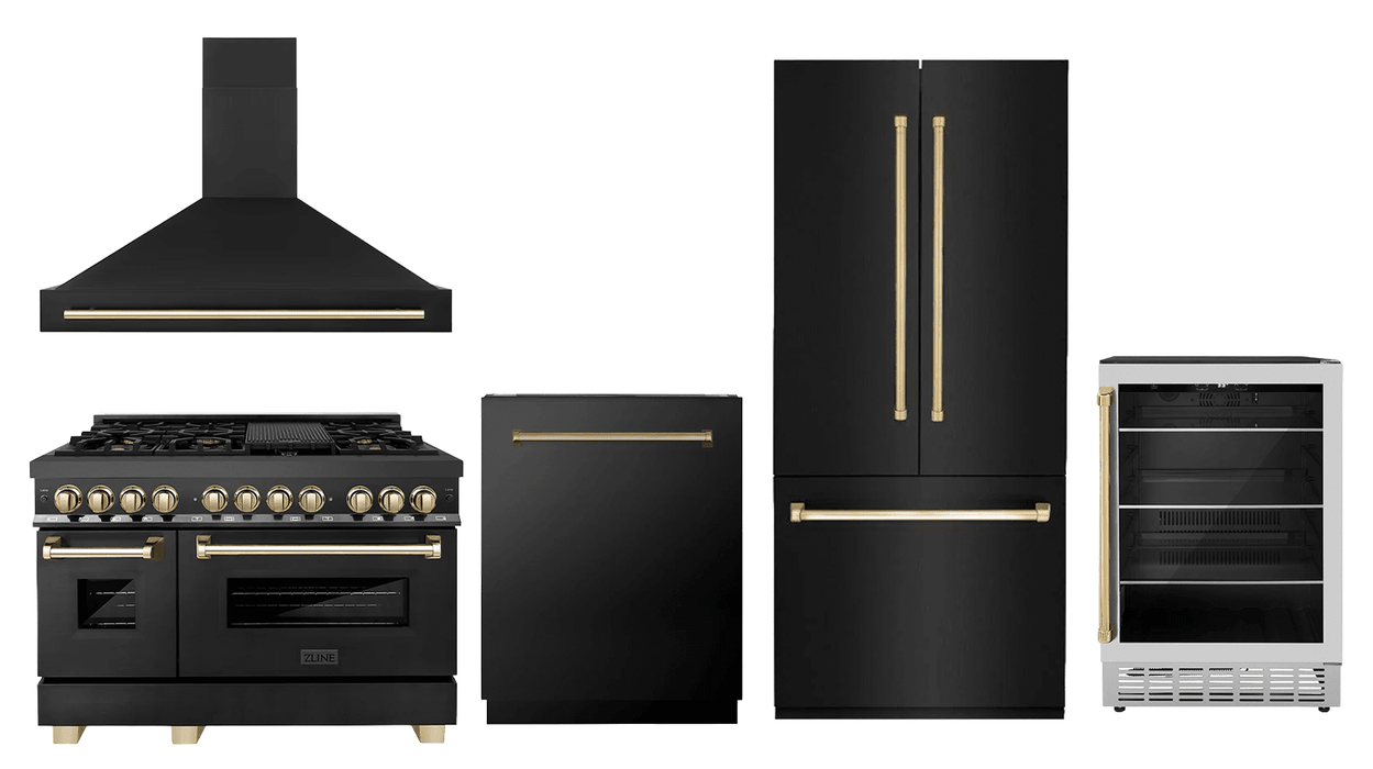 ZLINE 48" Autograph Edition Kitchen Package with Black Stainless Steel Dual Fuel Range, Range Hood, Dishwasher, Refrigeration and Beverage Fridge with Polished Gold Accents