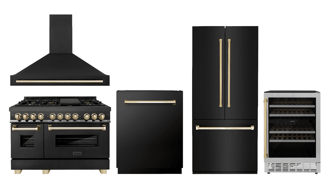 ZLINE 48" Autograph Edition Kitchen Package with Black Stainless Steel Dual Fuel Range, Range Hood, Dishwasher, Refrigeration and Wine Cooler with Polished Gold Accents
