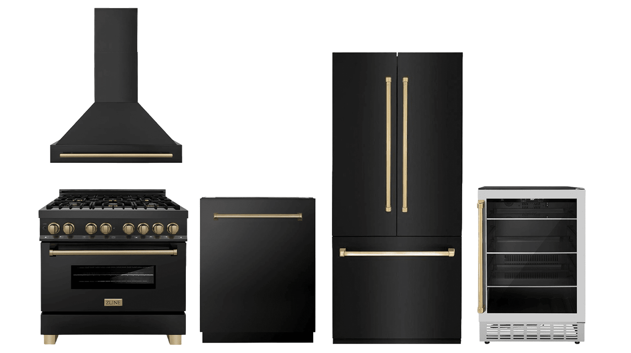 ZLINE 36" Autograph Edition Kitchen Package with Black Stainless Steel Dual Fuel Range, Range Hood, Dishwasher, Refrigeration and Beverage Fridge with Champagne Bronze Accents