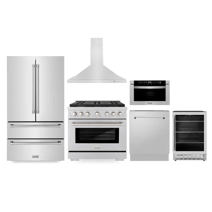 ZLINE Kitchen Package with Refrigeration, 36" Stainless Steel Gas Range, 36" Range Hood, Microwave Drawer, 24" Tall Tub Dishwasher and Beverage Fridge
