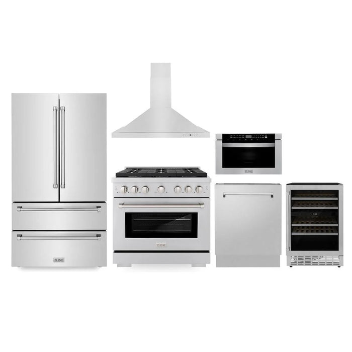 ZLINE Kitchen Package with Refrigeration, 36" Stainless Steel Gas Range, 36" Range Hood, Microwave Drawer, 24" Tall Tub Dishwasher and Wine Cooler