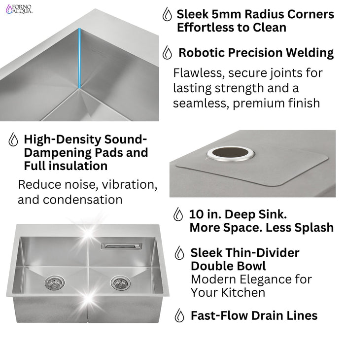 FORNO ACQUA 33 in. Drop-In/Undermount 50/50 Double Bowl Stainless Steel Sink with Faucet & Waterfall
