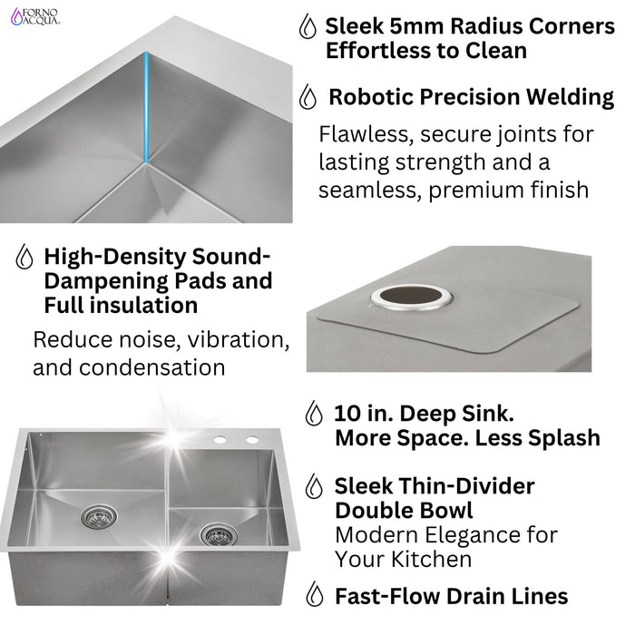 FORNO ACQUA 33 in. Drop-In/Undermount 40/60 Double Bowl Stainless Steel Sink with Waterfall Faucet