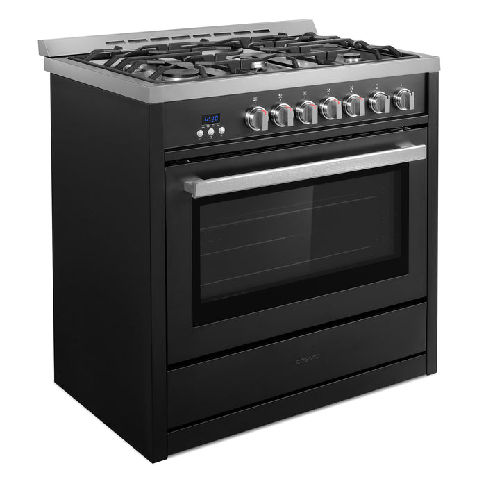 Cosmo 36 in. Nebula Collection 4.4 cu. ft. Gas Range, 5 Burners, Rapid Convection Oven, Cast Iron Grates in Matte Black - COS-965AGC-BKS
