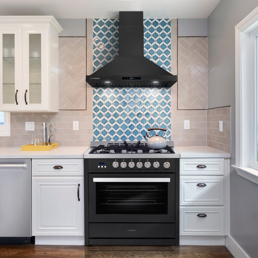 Cosmo 36 in. Nebula Collection 4.4 cu. ft. Gas Range, 5 Burners, Rapid Convection Oven, Cast Iron Grates in Matte Black - COS-965AGC-BKS