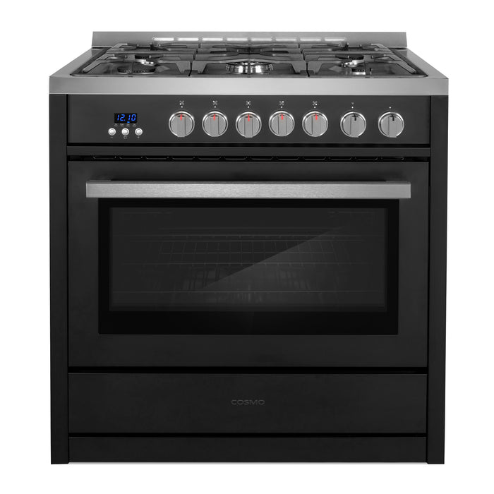 Cosmo 36 in. Nebula Collection 4.4 cu. ft. Gas Range, 5 Burners, Rapid Convection Oven, Cast Iron Grates in Matte Black - COS-965AGC-BKS