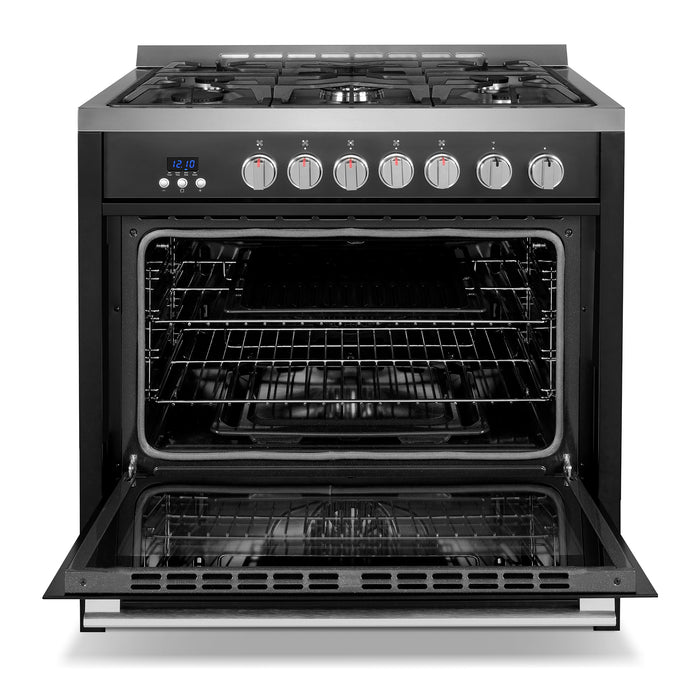 Cosmo 36 in. Nebula Collection 4.4 cu. ft. Gas Range, 5 Burners, Rapid Convection Oven, Cast Iron Grates in Matte Black - COS-965AGC-BKS
