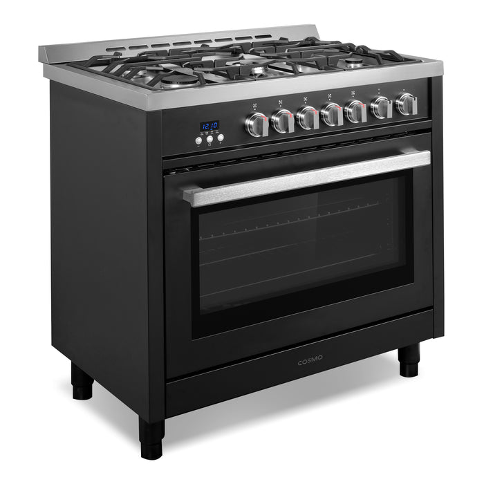 Cosmo 36 in. Nebula Collection 4.4 cu. ft. Gas Range, 5 Burners, Rapid Convection Oven, Cast Iron Grates in Matte Black - COS-965AGFC-BKS