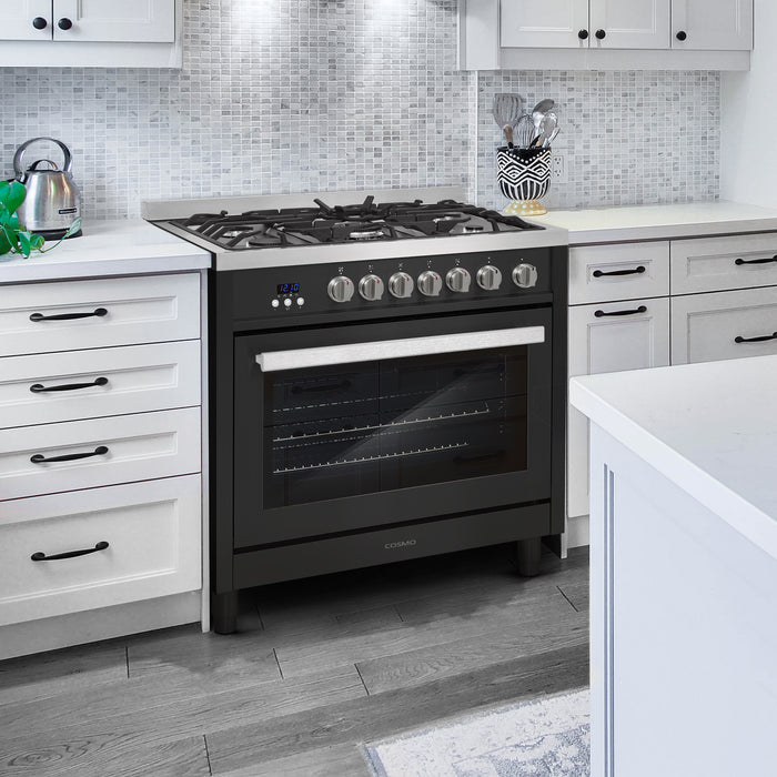 Cosmo 36 in. Nebula Collection 4.4 cu. ft. Gas Range, 5 Burners, Rapid Convection Oven, Cast Iron Grates in Matte Black - COS-965AGFC-BKS