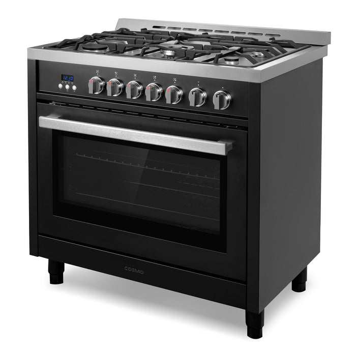 Cosmo 36 in. Nebula Collection 4.4 cu. ft. Gas Range, 5 Burners, Rapid Convection Oven, Cast Iron Grates in Matte Black - COS-965AGFC-BKS