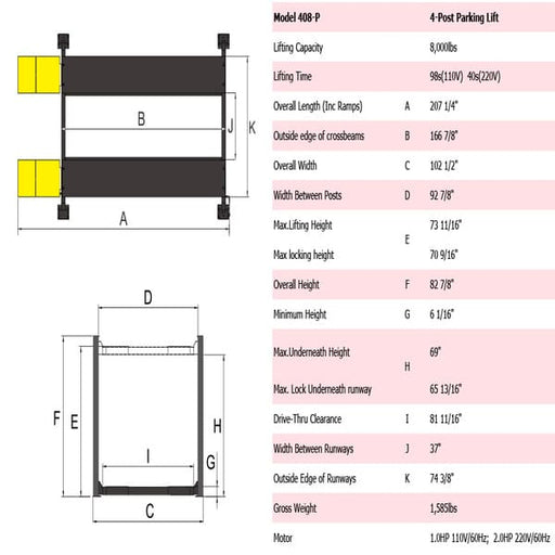 AMGO 408-P Parking Lift – 8,000lb Deluxe Car Lift - full product specs