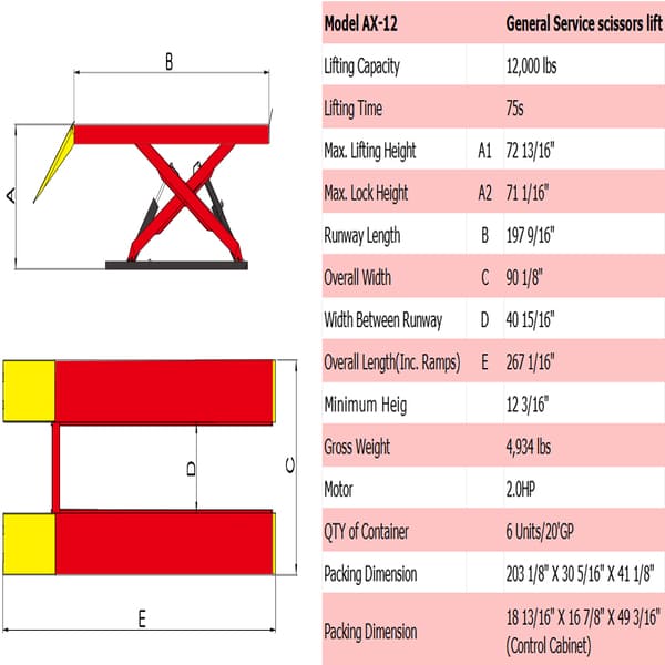 AMGO AX-12 12,000 lb Scissor Lift with Safety Locks product specs