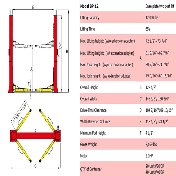 AMGO BP-12 12K Base Plate Lift | Open Top Truck Lift product specifications